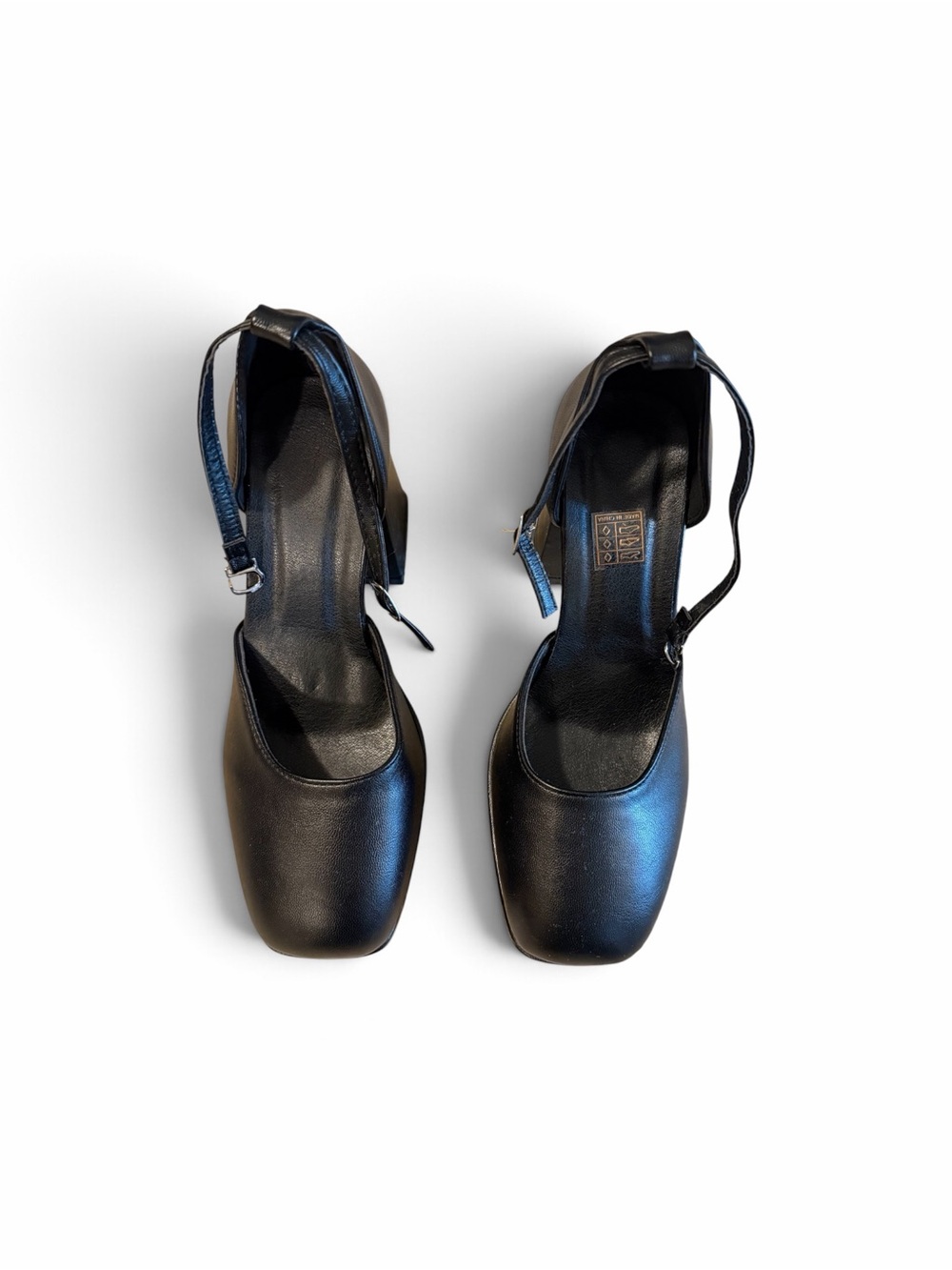 Black Square-Toe Ankle-Strap Heels